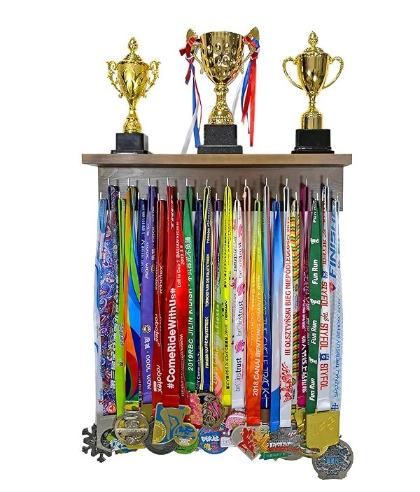 Qktxktzy Medal Hanger Trophy Shelf Display Sport Awards. Sturdy Medal Holders for Gymnastics Basketball Soccer Honors Wall Mount Rack, Perfect All-in-1 Wood Shelf by 25 Pcs Steel Hooks. (Brown) by Qktxktzy - Image 2
