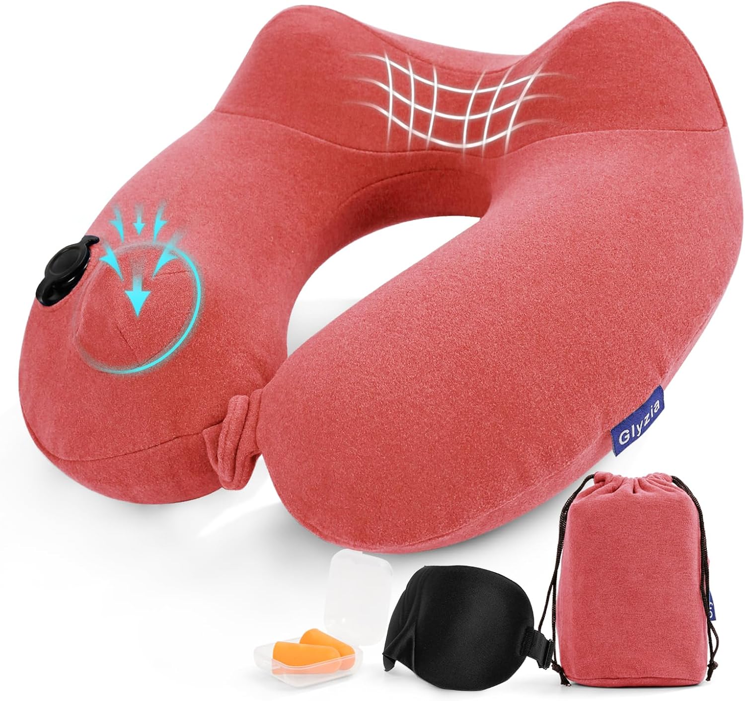 Glyzia Inflatable Travel Neck Pillow for Airplane, Head Support Velvet Adult Neck Pillow for Long Flight, Kit with Eye Mask, Earplugs and Storage Bag,1, Rose Pink