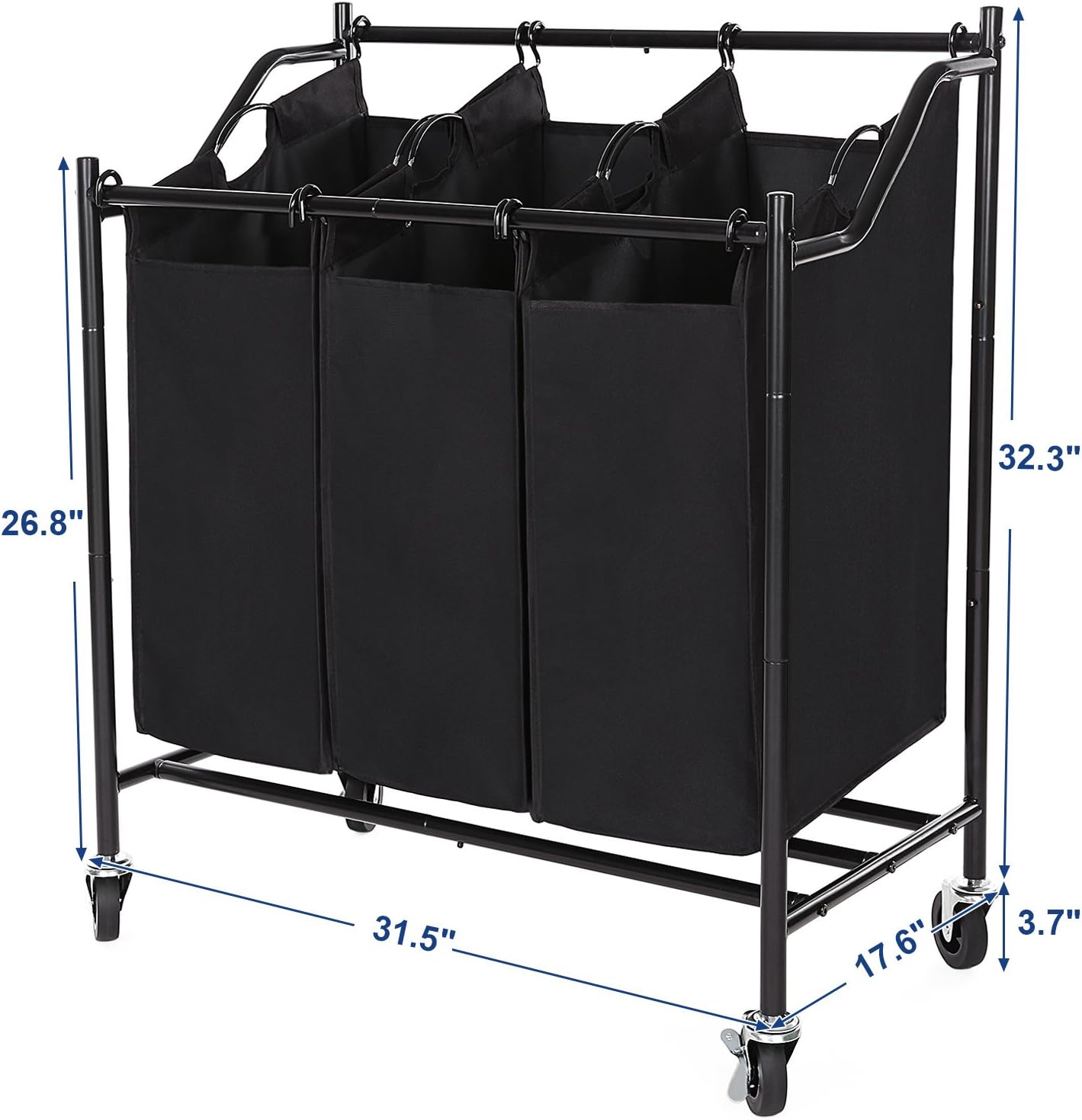 SONGMICS Rolling Laundry Cart Sorter, with 3 Removable Bags, Casters and Brakes, Black