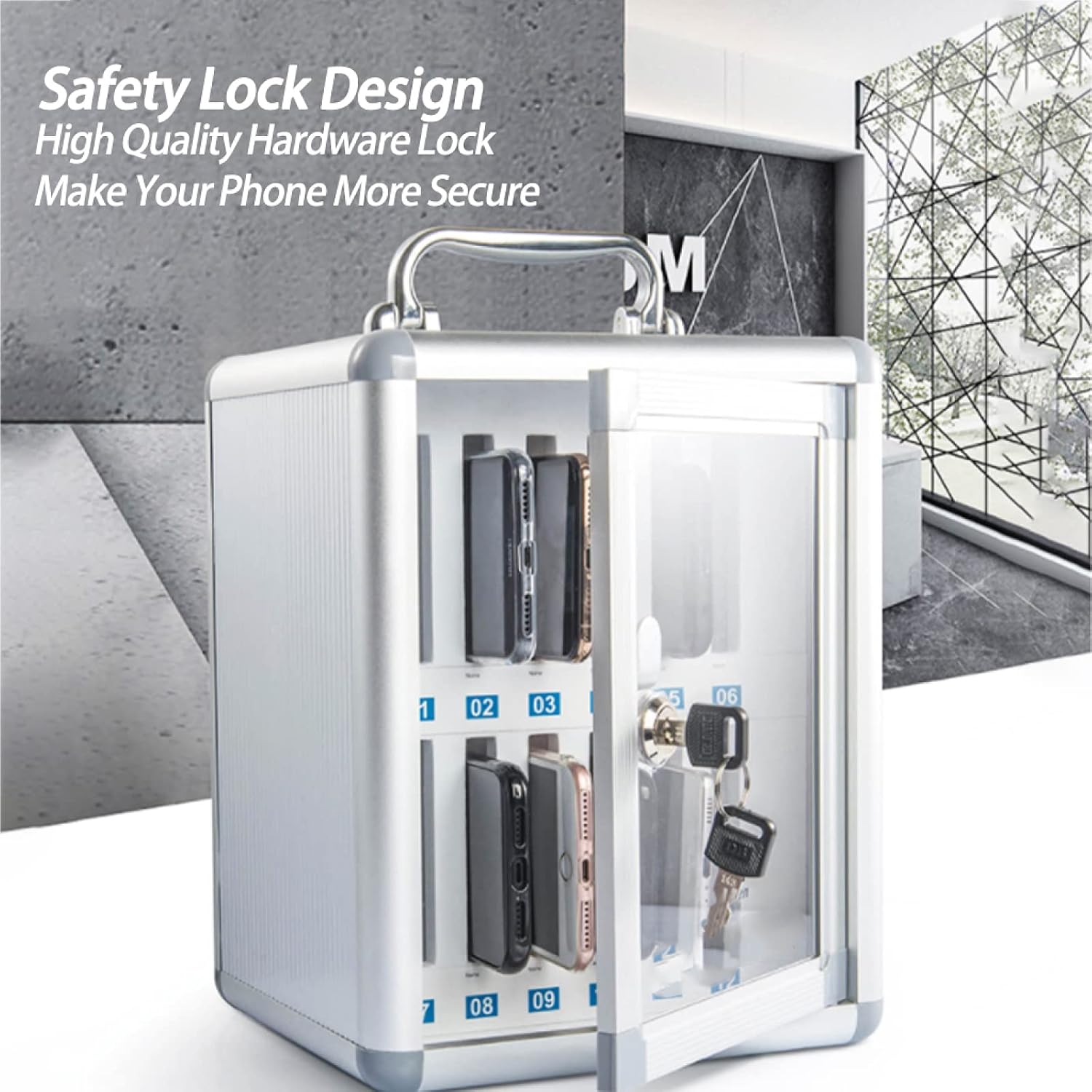 Transparent Phone Storage Locker with Safety Lock & Handle - Desktop Cabinet for 12 Phones - Ideal for Restaurants, Offices & Event Spaces - Space-Saving Organizer