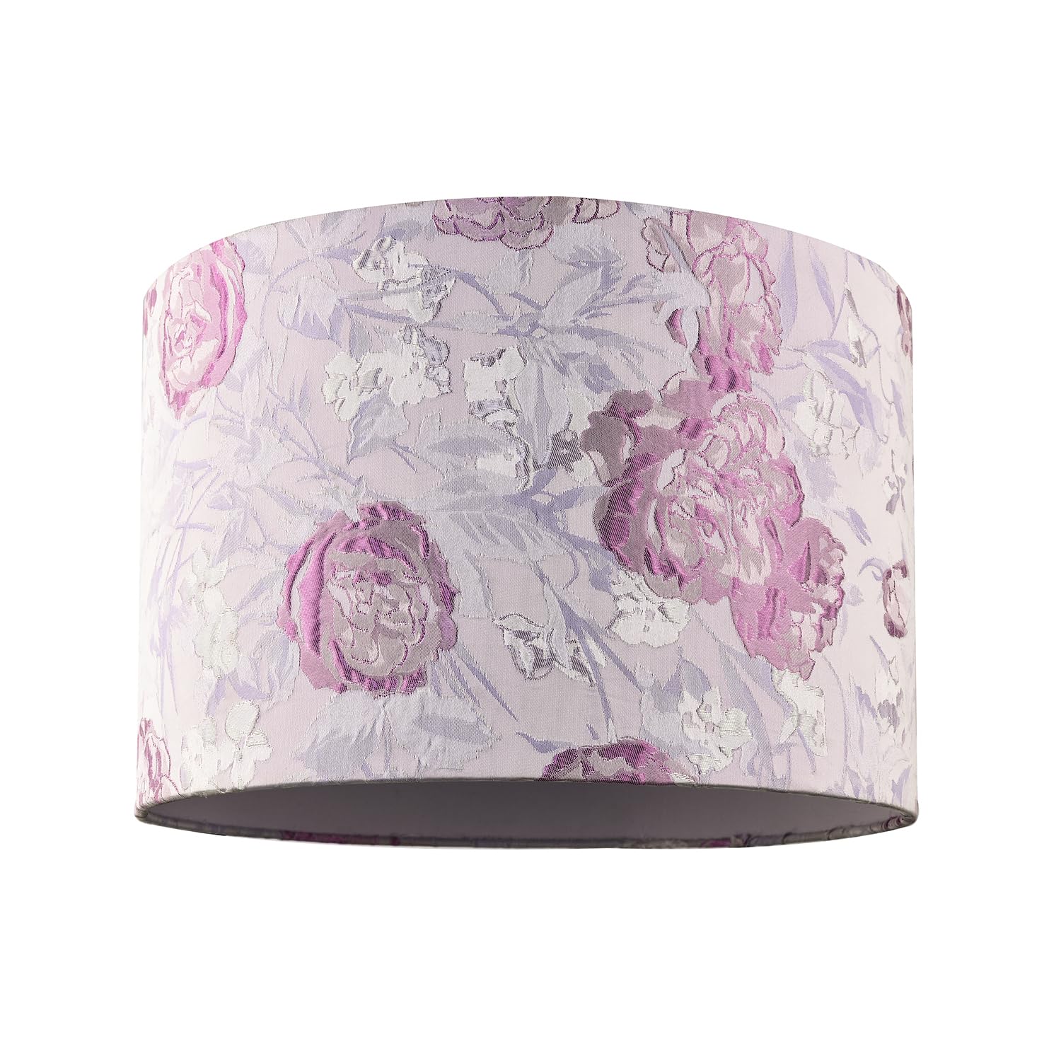 Modern Designer Soft Lilac Floral Textured Jacquard Drum Lamp Shade with Pink Roses | 30cm x 20cm | Lilac Cotton Inner Lining by Happy Homewares