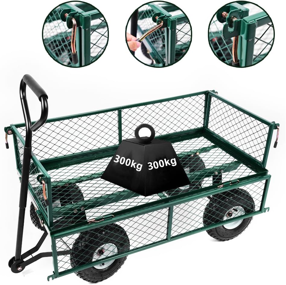 Seababyhouse Heavy Duty Large Garden Hand Trolley Cart Sack Truck 4 Wheel Barrow Transport Metal Wheelbarrow Trailer Gardening Cart 300kg (Cart only)