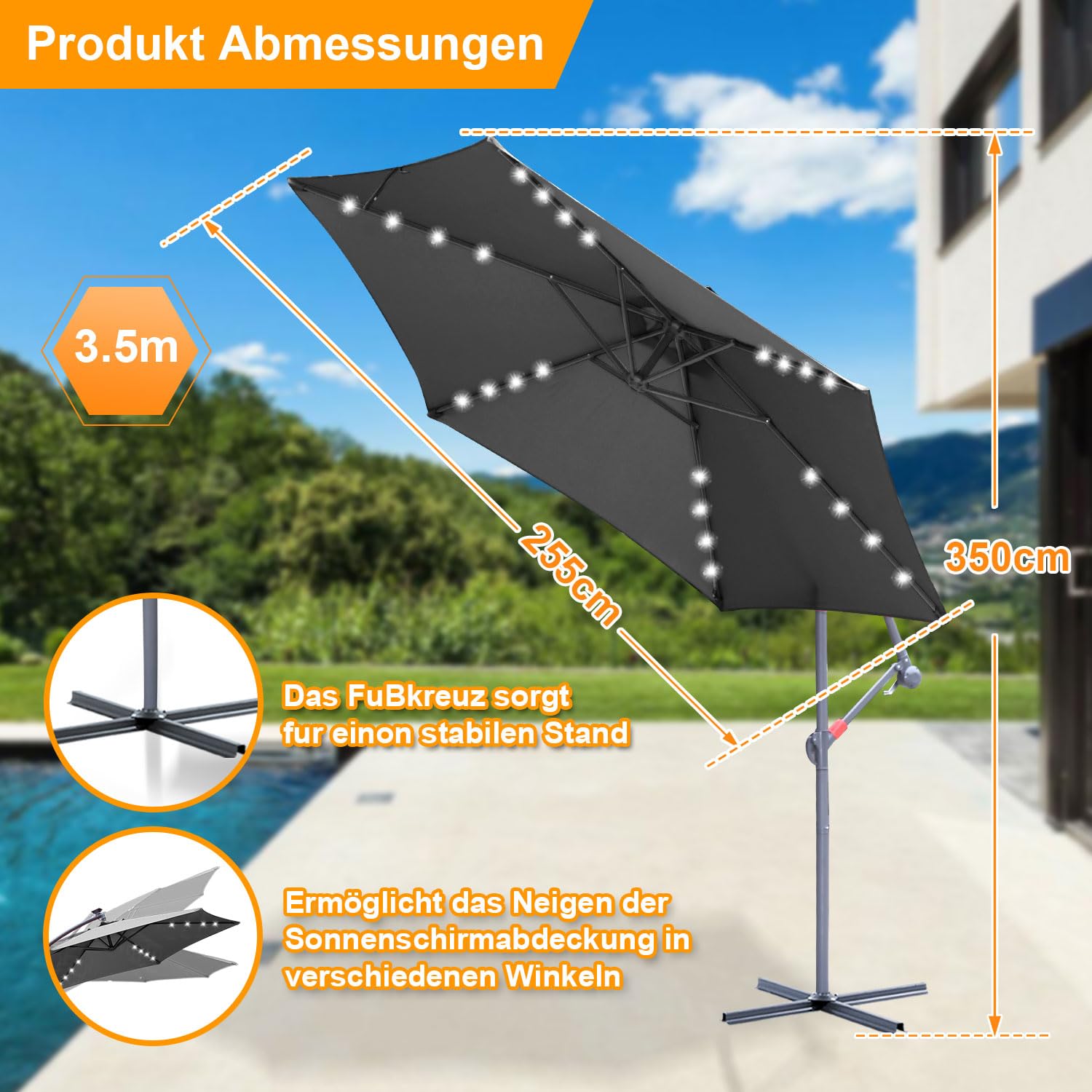 Parasol przeciwsłoneczny, Ø 300/350 cm, z korbą, z lampką solarną LED lub bez niej, parasol ogrodowy ze stojakiem, ochrona przed słońcem, ochrona przed promieniowaniem UV | parasol na korbę