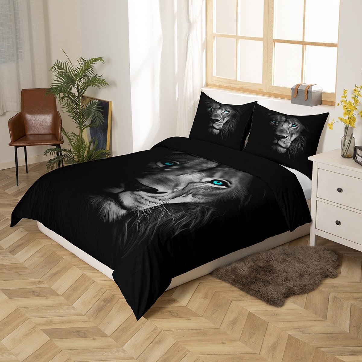 Erosebridal 3D Lion Bedding Set Twin Size Cool Wildlife African Pattern Duvet Cover Kids Teens Boys Animal Series Bedspread Quilt Simple Style Soft Microfiber Comforter Set for Adults Men