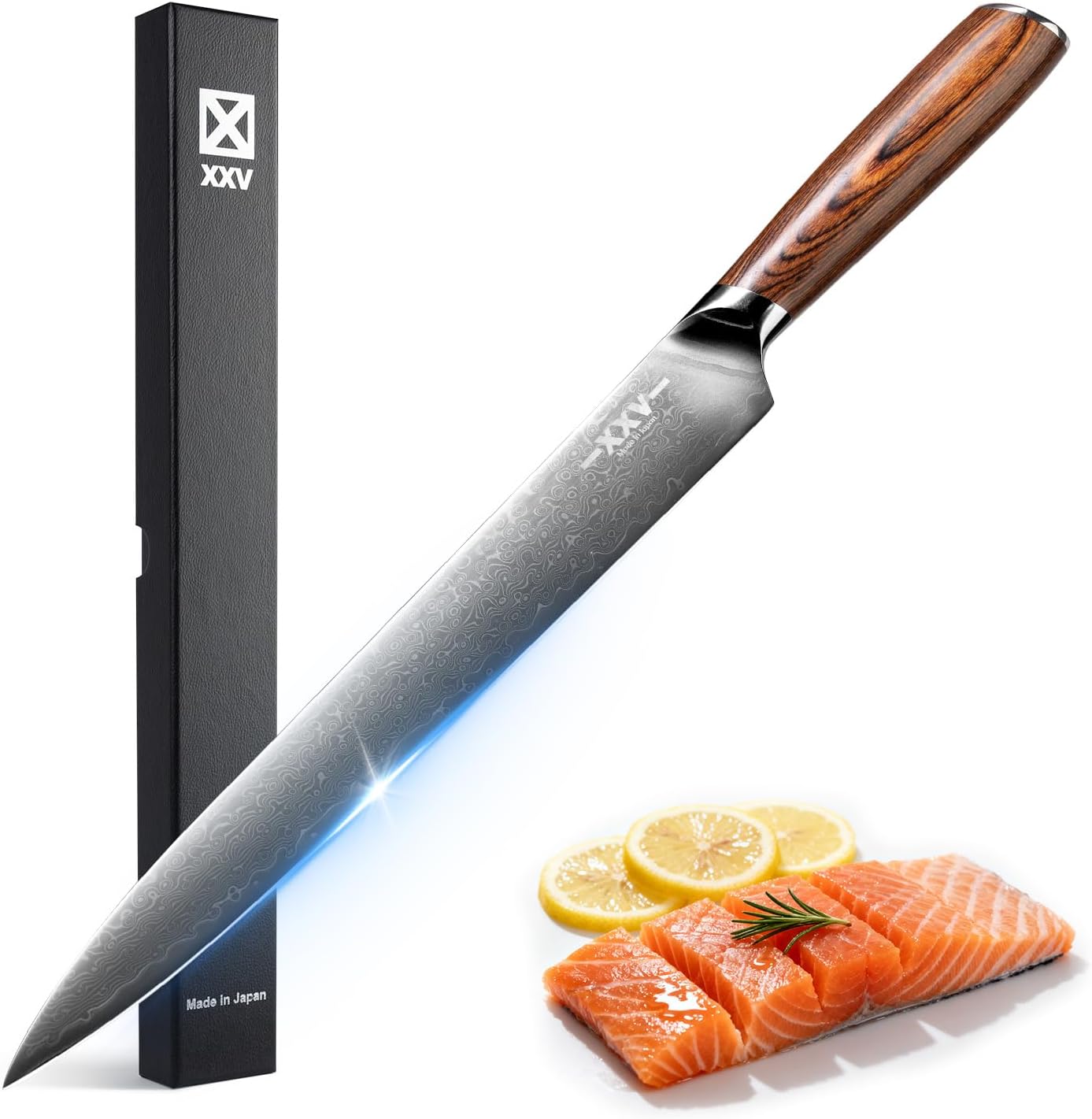 XXV 10 Inch Sashimi Knife, Japanese Steel VG10 Damascus Steel Hardness of 62 HRC Sushi Knives,Japanese Knife Knives with Sandalwood Handle for Fish Filleting yanagiknife