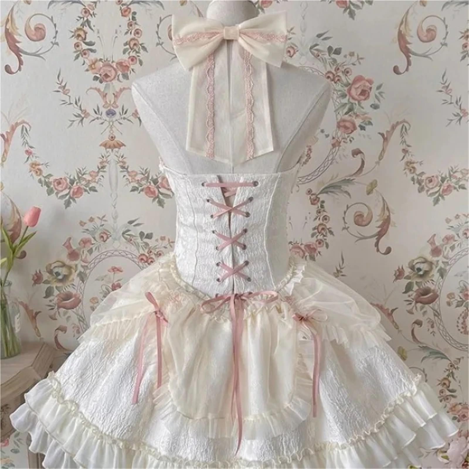 Vestido Corto Femenino de Verano Estilo Harajuku Lolita, Estilo gótico, con Cuello Halter, Hombros Descubiertos, Manga Larga, Estilo Kawaii, Ajustado con Lazo para Fiestas, mascaradas(S)