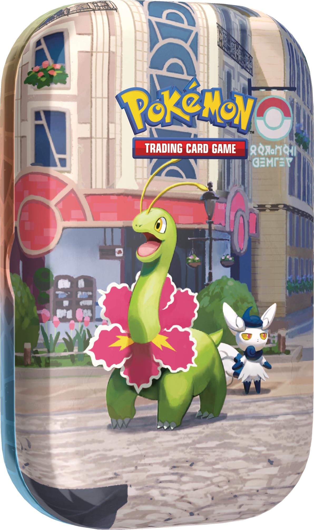 Pokémon: Minilata Ciudad Luminalia: Meganium y Meowstic de JCC Pokémon (2 Sobres de Mejora, 1 Tarjeta ilustrada y 1 Pegatina)
