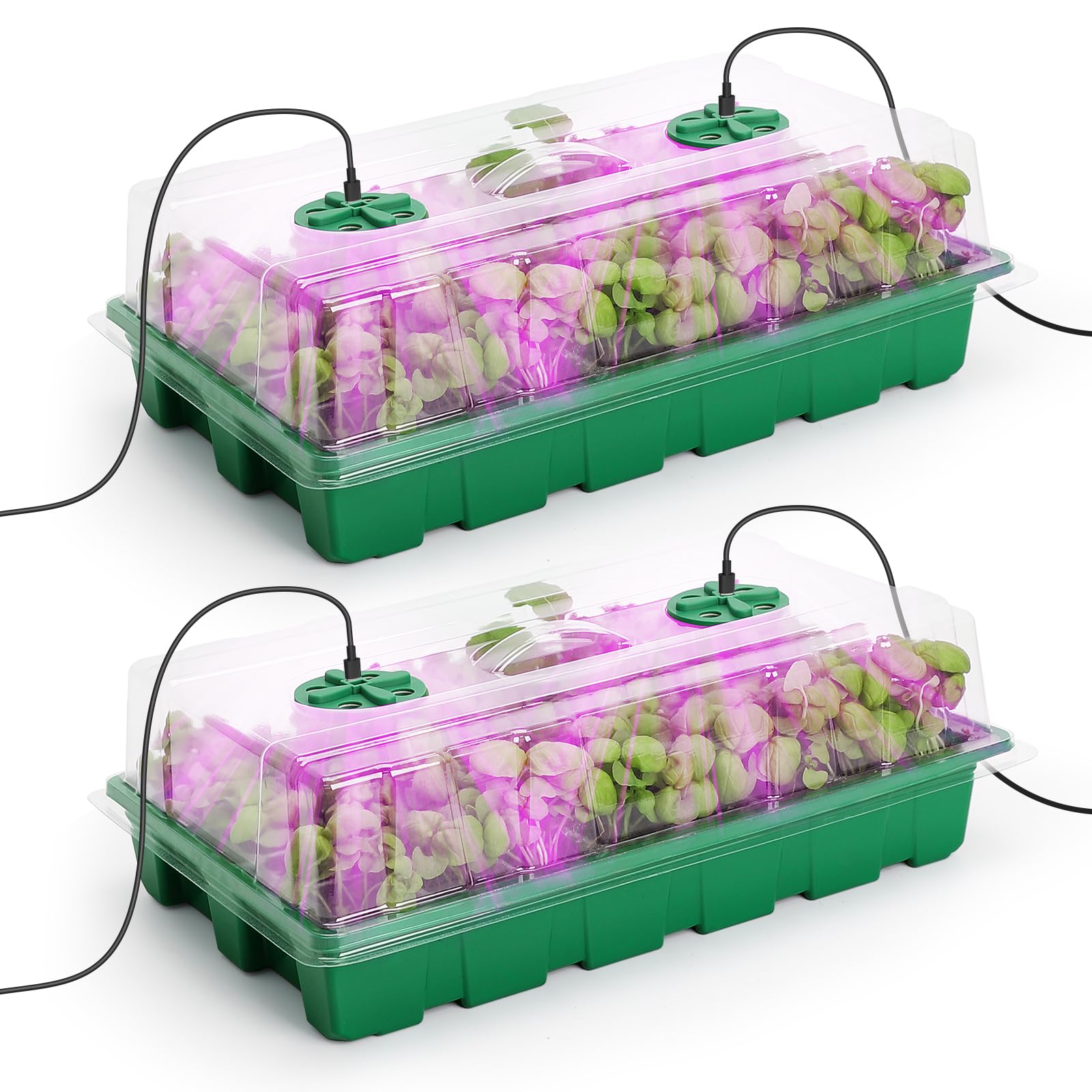 MIXC Vassoio per sementi con luci, confezione da 2 mini propagatori per la coltivazione delle piante, kit serra con cupole ventilate per l'umidità e base per l'avvio dei semi, verde