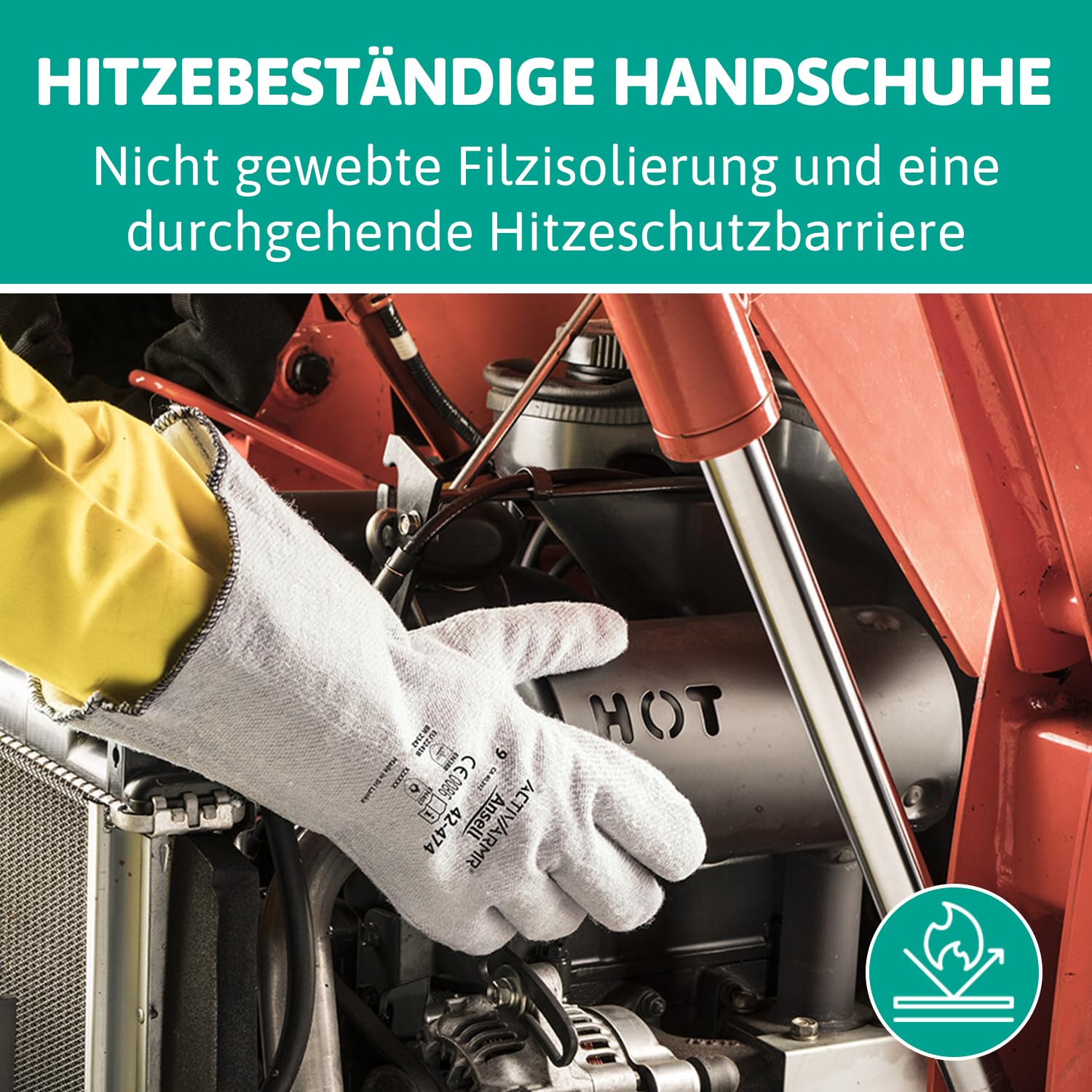 Ansell ActivArmr 42-474, Hitzeschutz Handschuh, Industrielle hitzebeständige Handschuhe, Arbeitshandschuhe mit Filz -Futter und Stulpen, Professionelle Schutz-Handschuhe, 12 Paar, Gr. L
