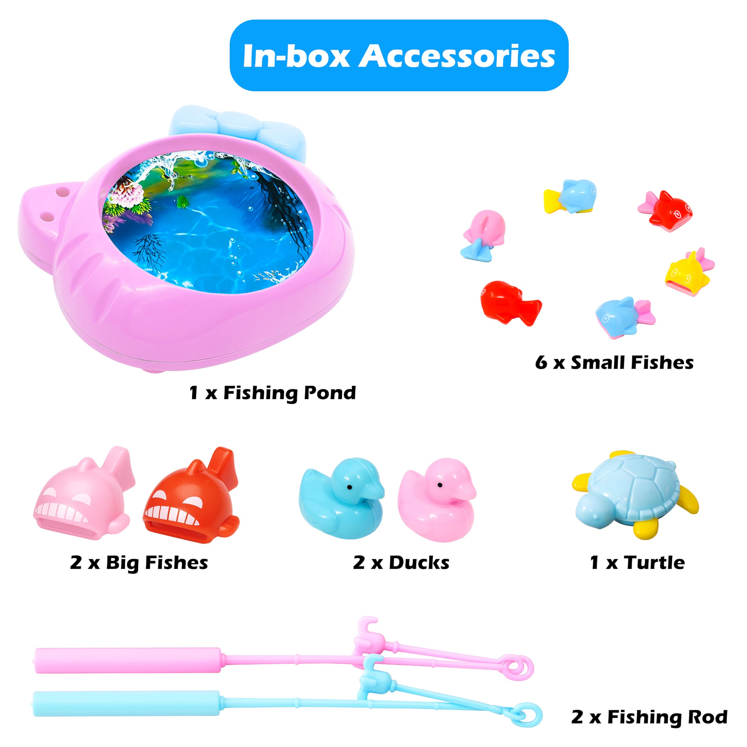 VGRASSP Real Water Pond Kitty Shape Fishing Game Toy for Kids - Rotating Colorful Fish Catching Activity Playset with Rods, Light & Music Interactive Set for Boys Girls - Multicolor 1