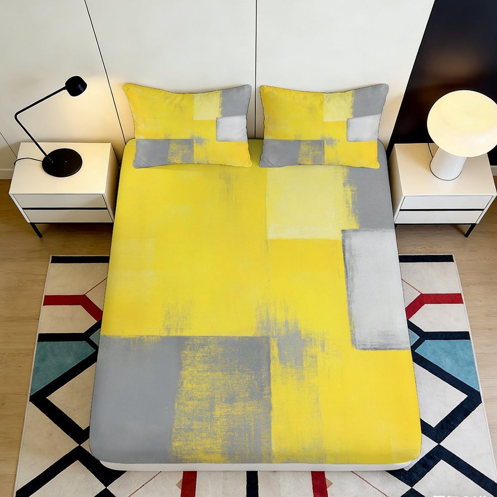 3D Printed Modern Yellow Geometry Fitted Sheet Microfiber Soft Breathable Grey Abstract Mattress Cover for Bedroom Dorm Decor 90x200x25cm