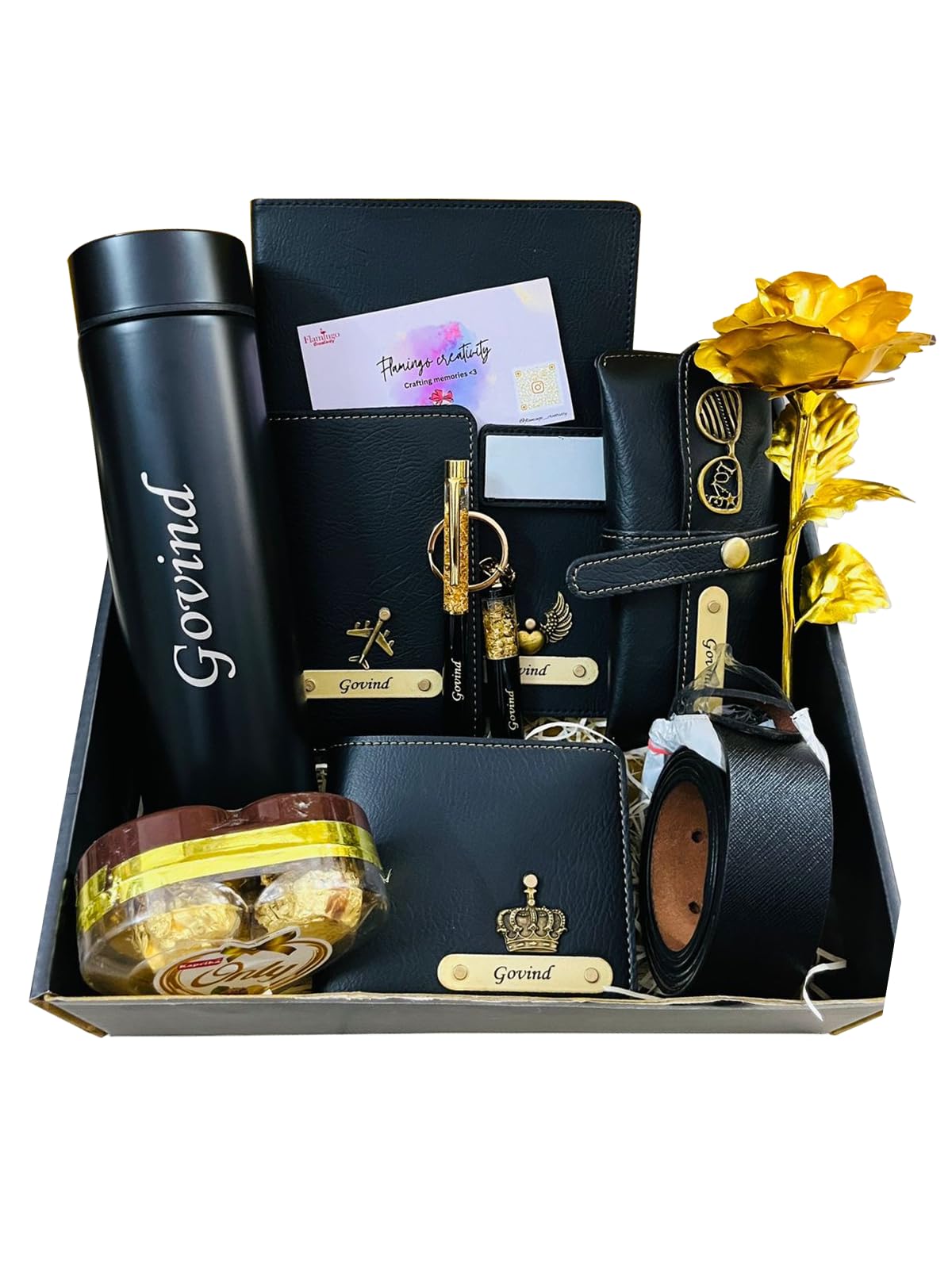 FLAMINGO CREATIVITY Personalized Men's Gift Hamper | Custom Name Set – Diary, Temp Bottle, Wallet, Belt, Passport Cover, Keychain, Pen, Sunglass Cover, Golden Rose, Chocolate & Card-image-44