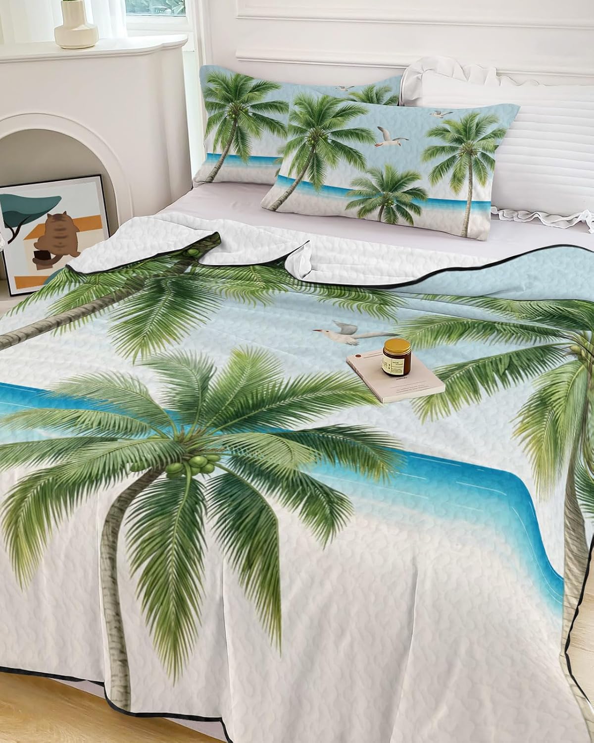 Full Size Quilt Set, Summer Tropical Palms Lightweight Bedspread Coverlet Set Soft Microfiber Summer Quilt with 2 Pillow Shams, Beach Horizon Seagulls 3 Piece Comforter Bedding Set
