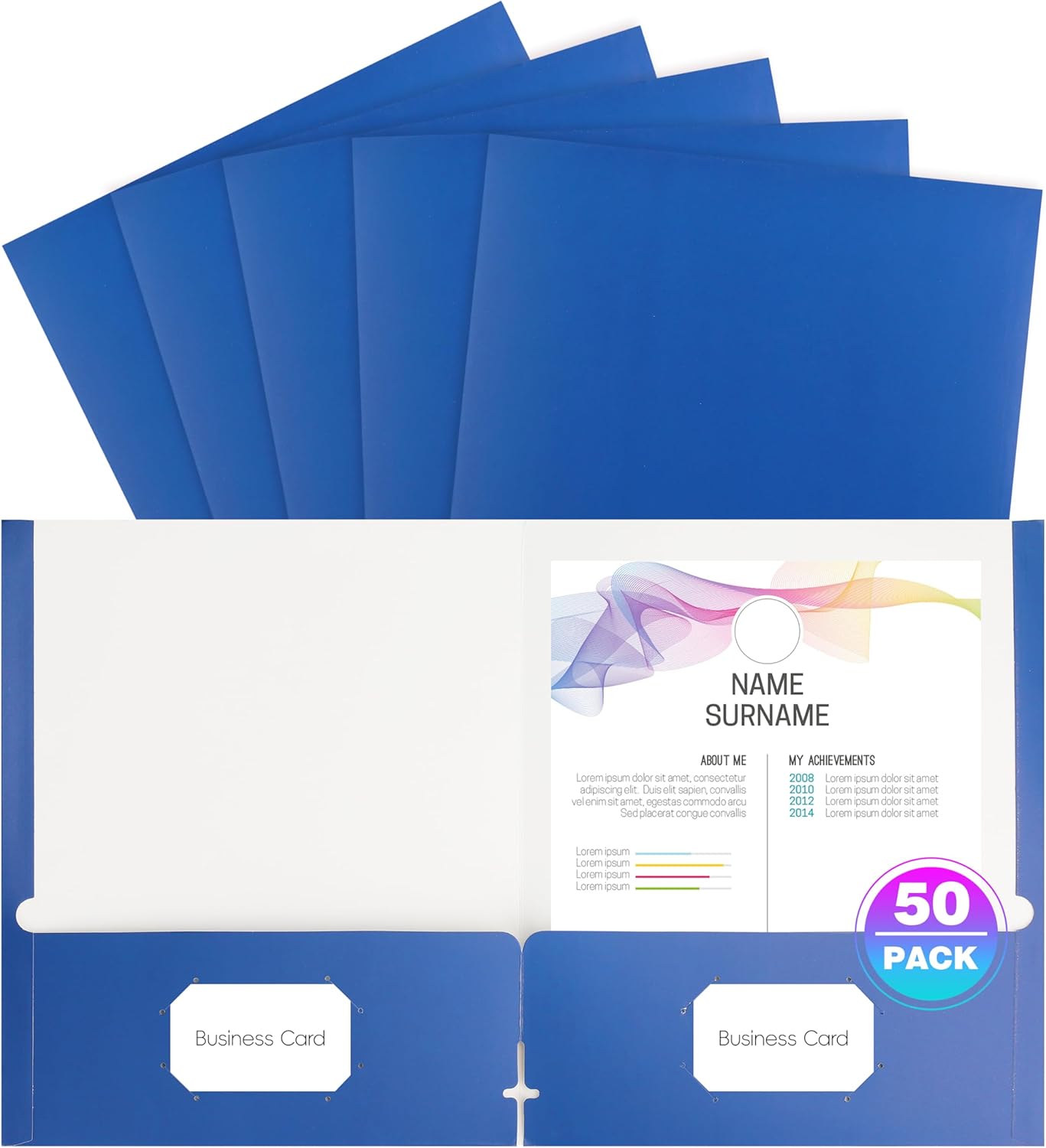 50 Pack Folders with Pockets, Pocket Folders Fit Letter Size Paper, with Business Card Slot, 2-Pocket Folder for School Office Home Business Blue