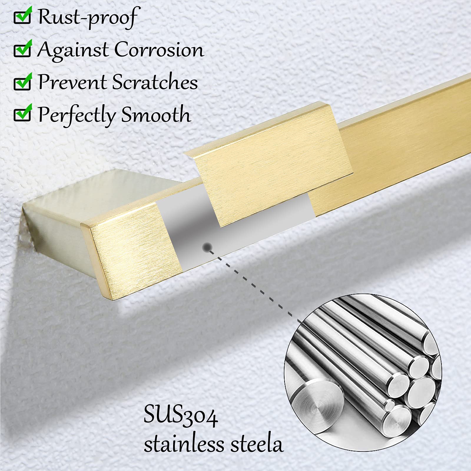 RANDOM 12-inch Hand Brushed Brass Towel Bar, Bathroom Kitchen Towel Rack SUS 304 Stainless Steel, Modern Style Wall-Mounted Brushed Gold Towel Holder 96009-2-12BG.