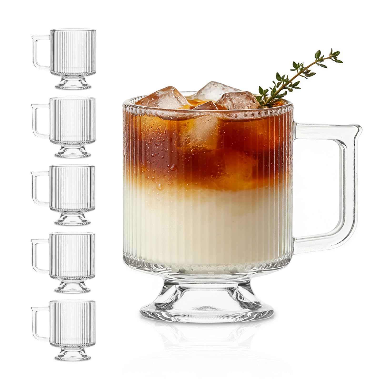 INSETLAN 6-Piece Ribbed Glass Coffee Mug Set, 10 oz Clear Glass Tea Cups with Handle, Modern Vertical Stripe Design for Everyday Drinks – Perfect for