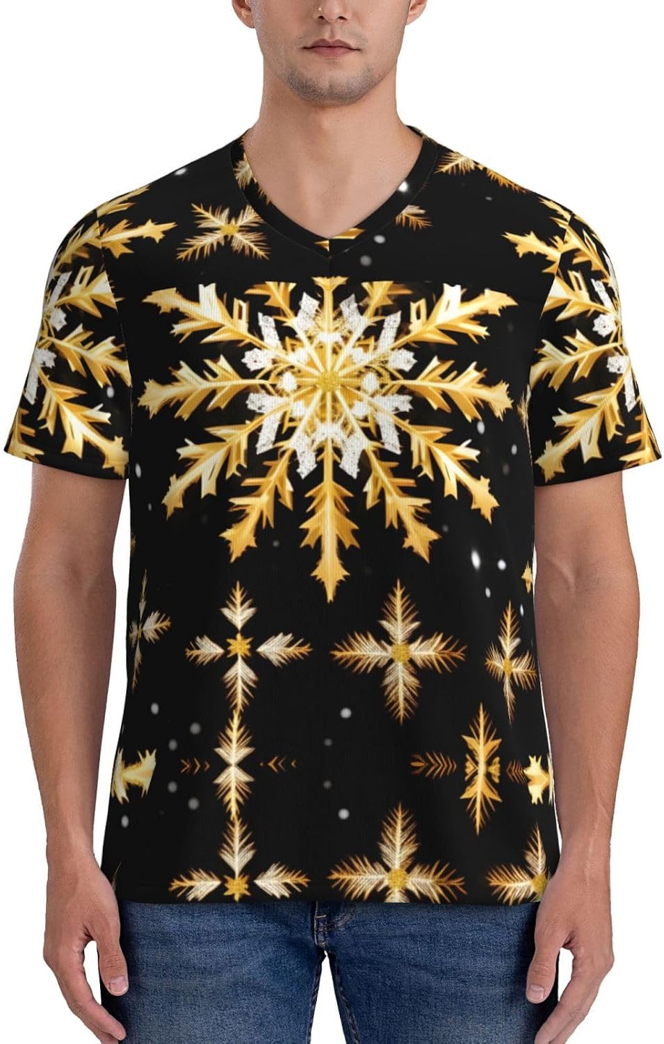 Golden Christmas Snowflake Rugby Football Jersey for Men, Comfortable V-Neck Loose Fit Top for Team Sports Athletics