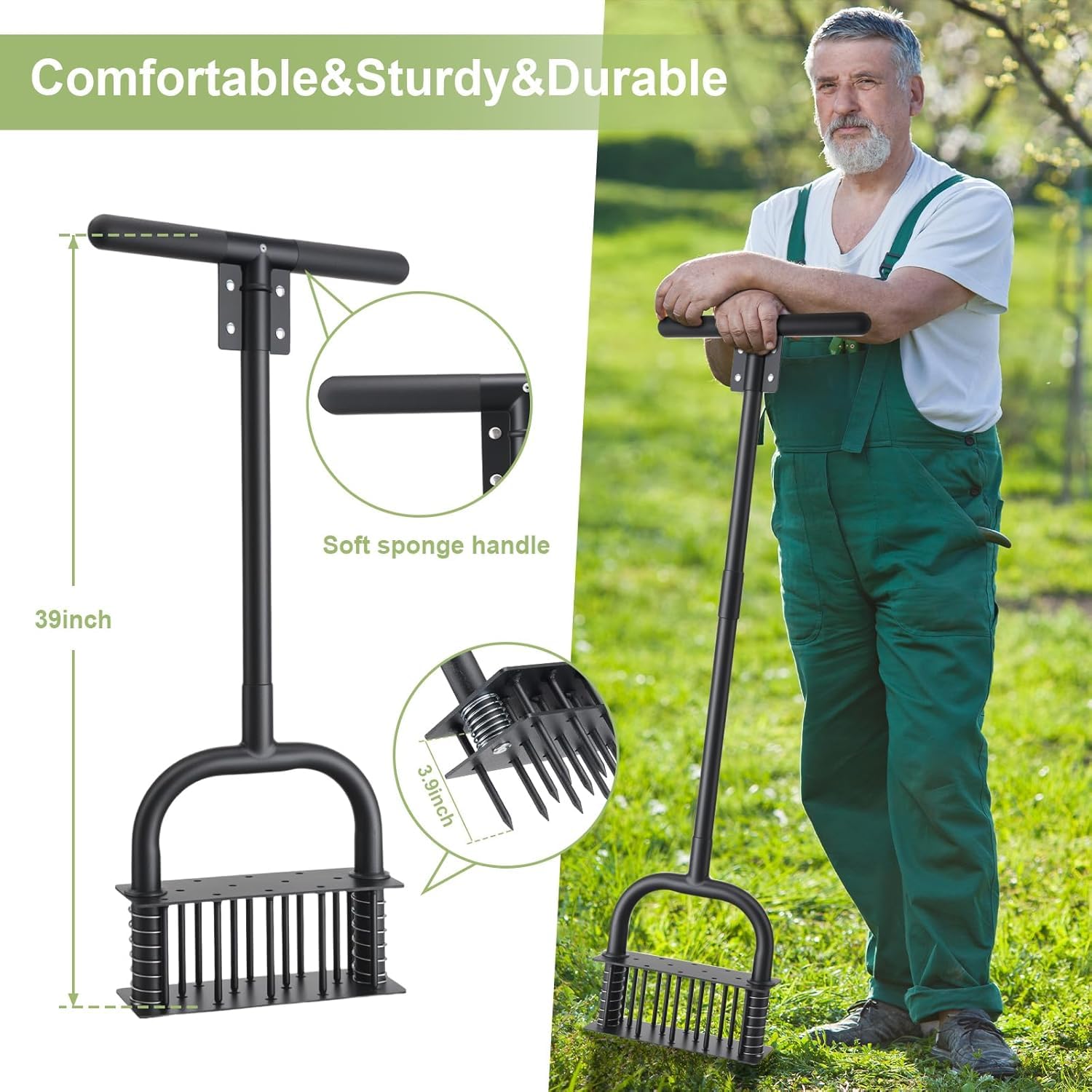 Aireador de césped, herramienta manual de 99 cm de largo, aireador de núcleo de mano de obra con 14 picos de acero, aireador manual de césped para césped, jardín, patio