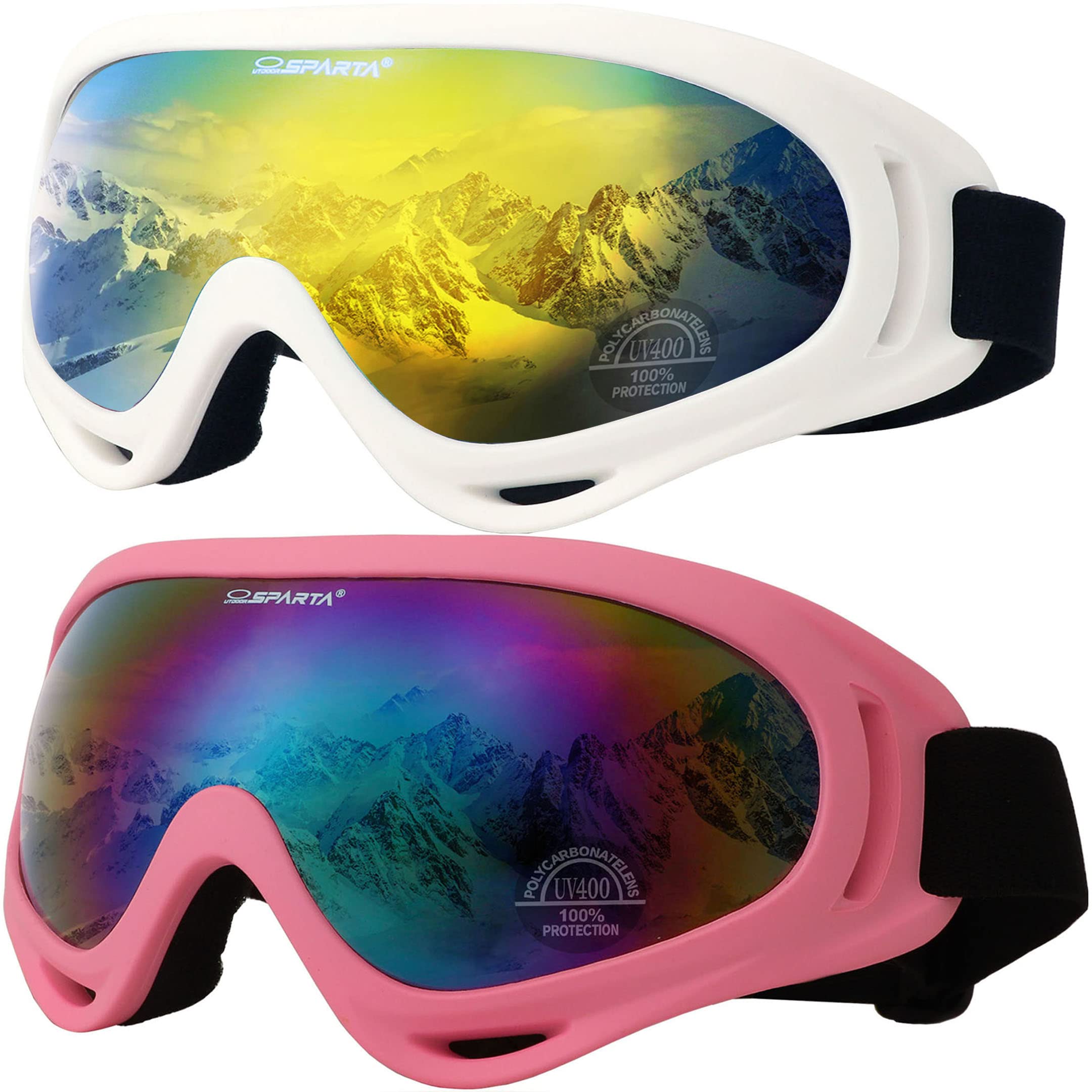 OUTDOORSPARTA 2-Pack Ski Goggles (6. White Frame, Mirrored Gold Lens; Pink Frame, Multiple Color Lens)