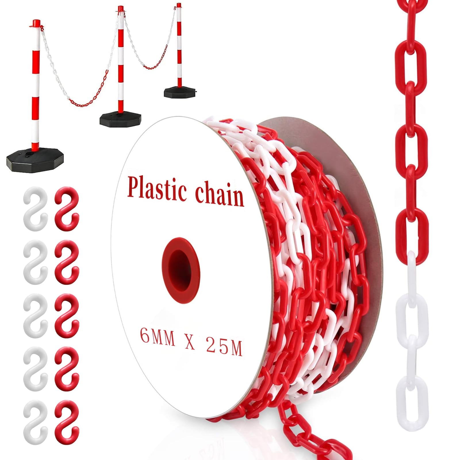 Catena Barriera Plastica Bianco Rosso 25m per Parcheggio con Moschettoni Alta Visibilità