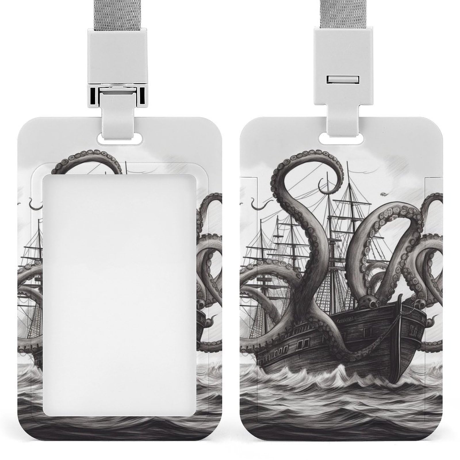 ID Card Holders for Lanyard,Black and White Octopus and Ship Printed Badge Holder with Clear Window,Plastic Vertical Bus Pass Holders for Work Teacher Nurse Employees Proximity Key Cards Women Men — image 1