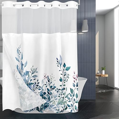 Vista 550 de Tititex - Juego de cortinas de ducha de eucalipto verde oliva, hojas de acuarela en la parte superior con decoración floral de baño, 60 x 72 Hojas