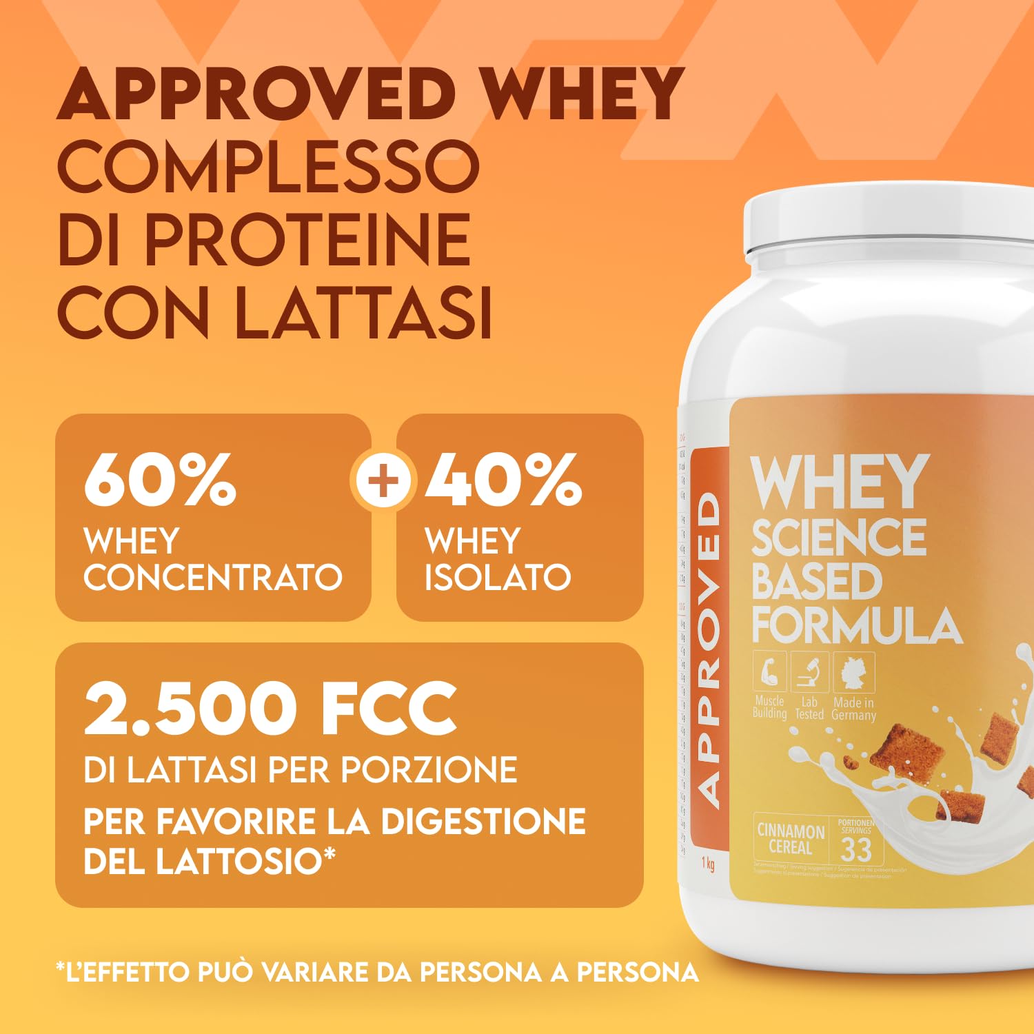 WFN Approved Whey Proteine in Polvere – Cinnamon Cereal – 1 kg – Con Lattasi – Proteine del Siero ad Alta Solubilità – Prodotto e Testato in Laboratorio in Germania