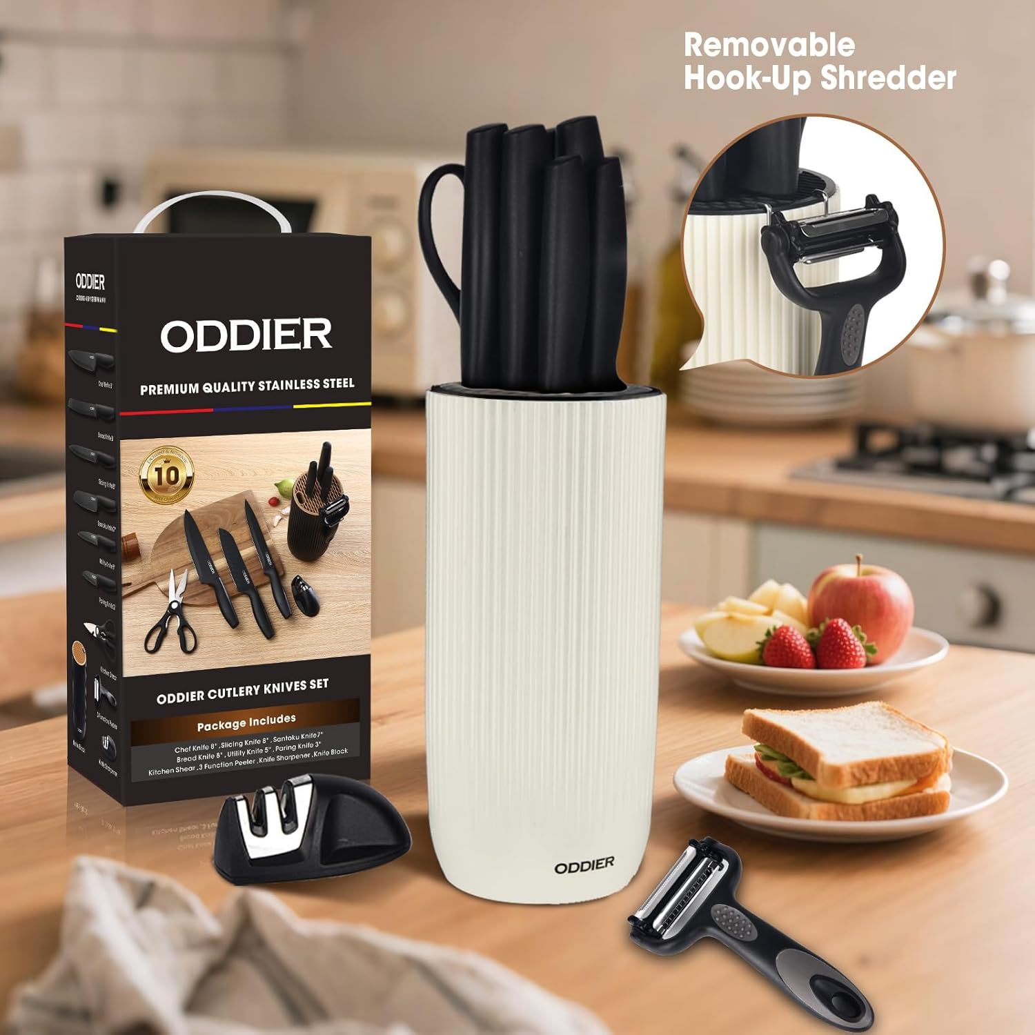 Knife Set, 10 Piece Kitchen Knife Set with Block and Sharpener, Anti-Rust Stainless Steel Knives Set for Kitchen, Chef Universal Knife Block Set, Dishwasher Safe, Ergonomical Design, White