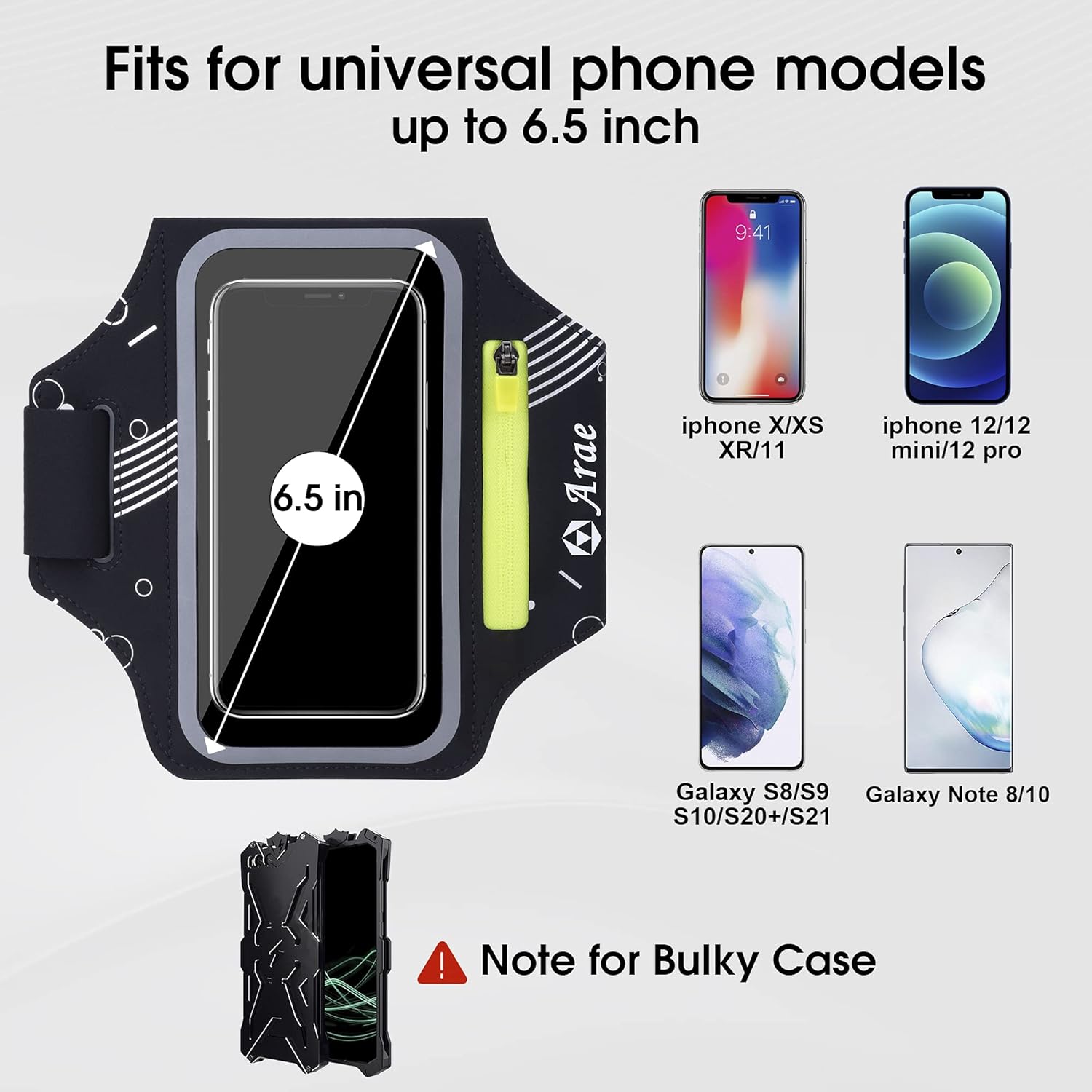 Arae Running Armband Universal Cell Phone Holder for iPhone 13 Pro Max/13 Pro/12 /11/XR/XS/X/8, Galaxy S20 FE S21 S22 Ultra Up 6.5 inch Water Resistant Sports Phone Holder with Adjustable Strap