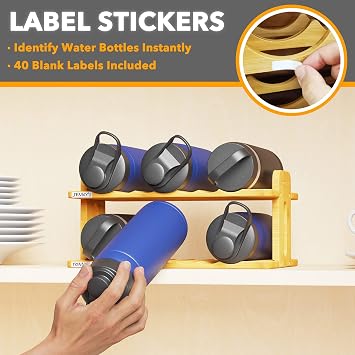 SpaceAid Bamboo Water Bottle Organizer with Labels, Kitchen Pantry Water Bottle Storage Rack for Cabinets, Home Cup and Wine Bottle Holder Shelf Organizers, (2-Tier, Hold 6 Bottles)