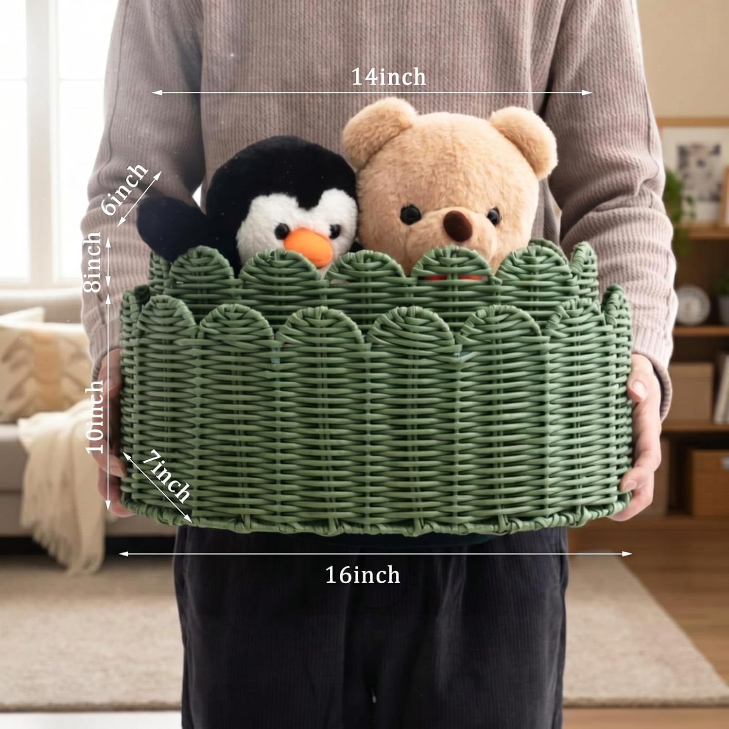 2 Pcs Large Scalloped Storage Baskets, Sage Green Woven Wicker Nursery Organizer Bins for Baby Gifts, Living Room Decor, Bathroom & Toy Storage, 16 x 10 x 7" & 14 x 8 x 6"