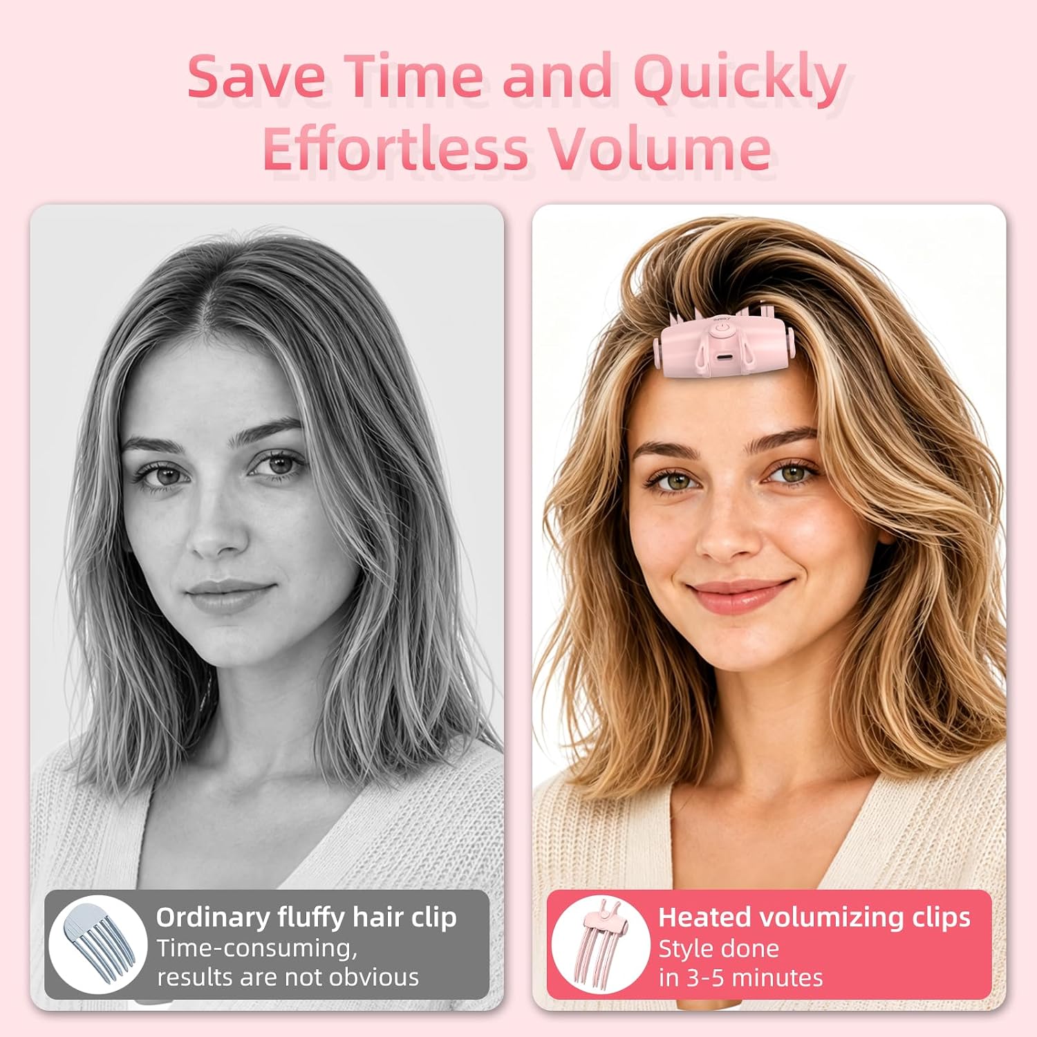 Pink Heated Hair Volume Clip,Wireless Volumizing Root Lift Clip Comb