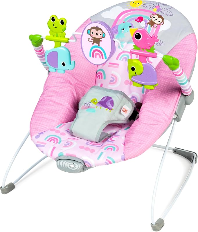 Bright Starts Pink Paradise Hamaca portátil para bebé con asiento vibratorio para bebé y barra de juguetes, peso máximo 20 libras, edad 0-6 meses
