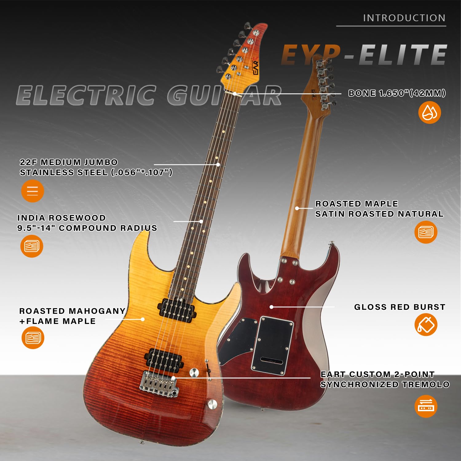 EART Guitare électrique EYP-Elite à corps solide avec corps en acajou grillé et érable flammé, extrémités arrondies, frettes jumbo moyennes en acier inoxydable (Rouge éclat)