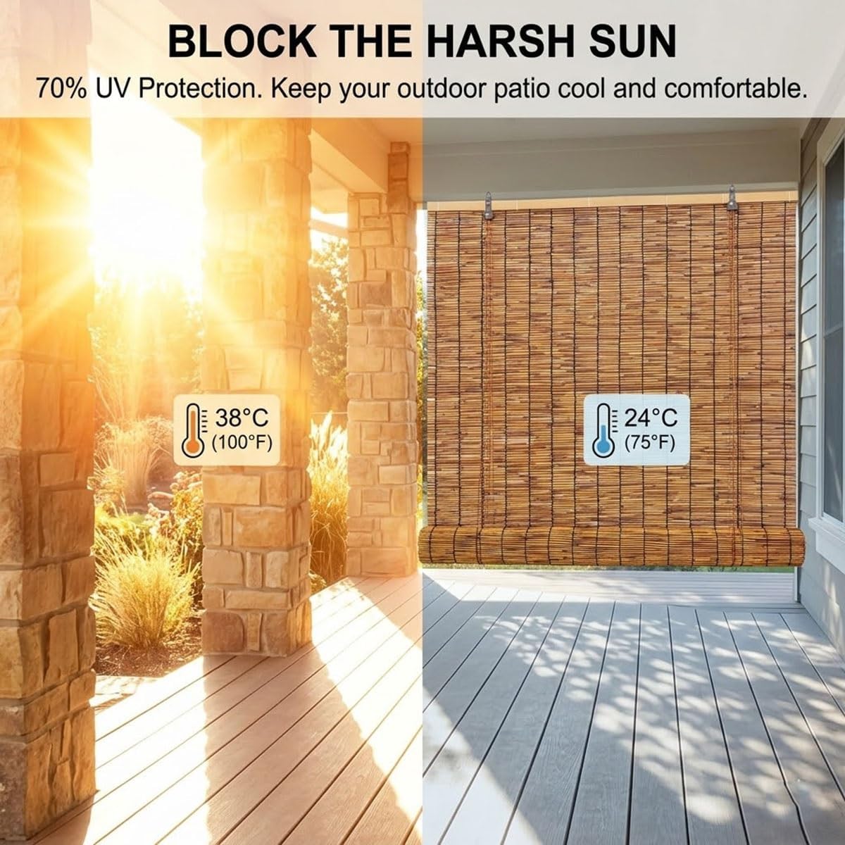 Outdoor Bamboo Roller Blinds 72 84 108 64 48 36" W, Natural Reed Patio Shades Waterproof Roll Up Exterior Window Blinds Privacy for Porch Sunroom Garden Sun Shade, Cordless(40" W x 64" H)