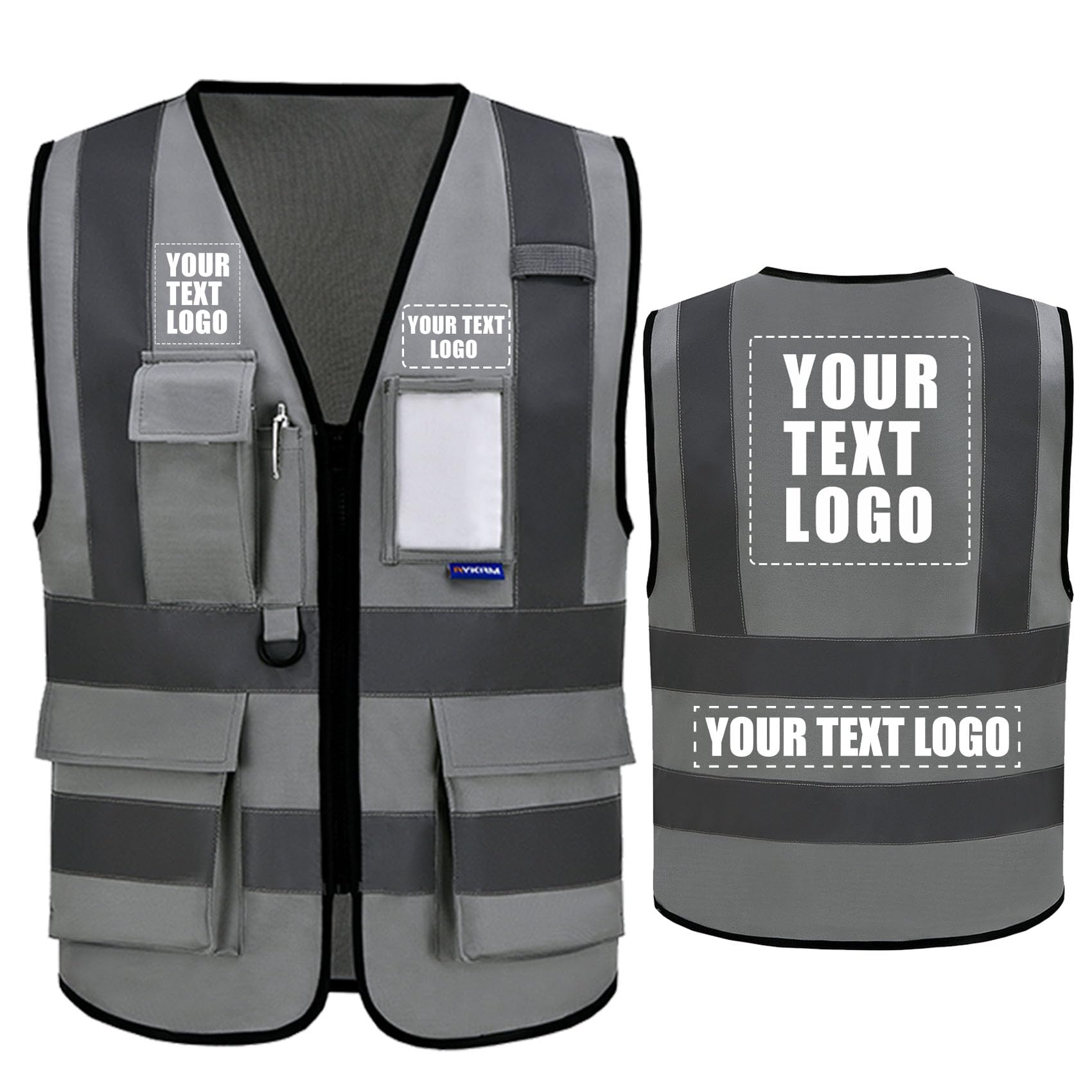 Grey Personalised Printed Hi Vis Vests Class 2 Zipper with Pockets LOGO Customised Hi Viz High Visibility Reflective Safety Vest Security Waistcoat EN20471 — image 1