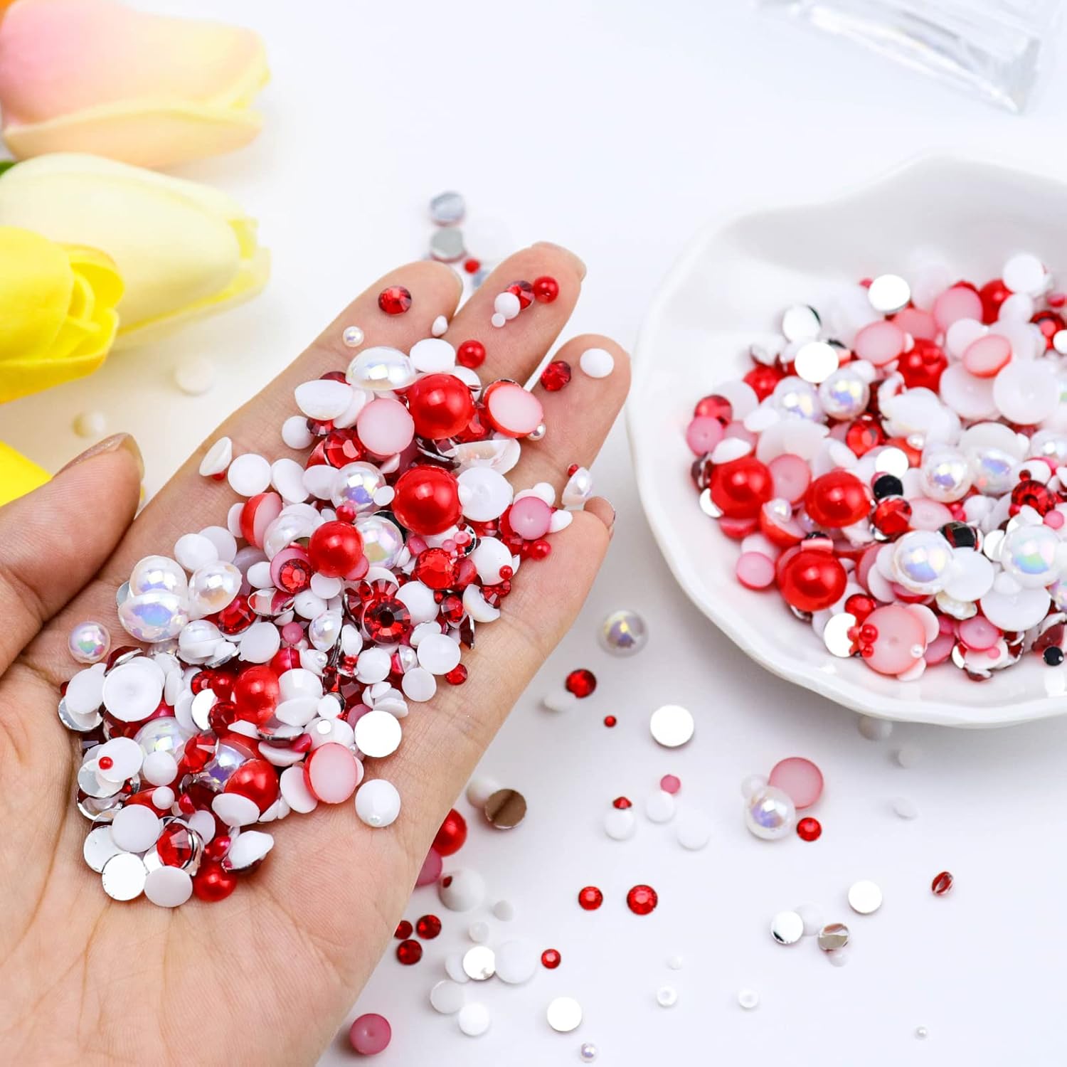 60g Mix Flatback Pearls and Half Pearls for Crafts, 3620PCS Red White Pearl Rhinestones for Nails Face Art Tumblers, with Tweezers Wax Pen - Image 2