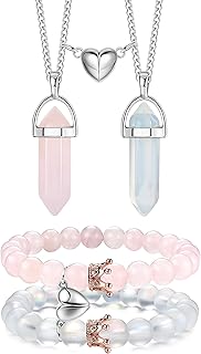 4 Pieces Couples Matching Necklace Bracelet Jewelry Set for Women Men, BFF Friendship Bracelets and Necklace, His and Hers Split Heart Crystal Pendant Necklace Distance Bracelets for Couples Gifts