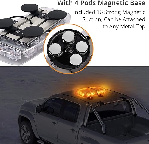 Miniatura 4 de Justech 72 LED - Luces estroboscópicas para techo de camiones, luz de advertencia de seguridad de emergencia color ámbar para vehículos, base