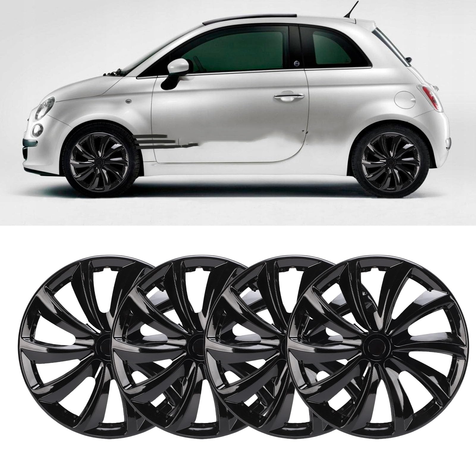SEAFRONT 15-calowe Kołpaki na Piasty ABS, Zestaw 4 Sztuk, Nakładki na Koła z osłoną Felgi, Uniwersalne Dopasowanie do Stalowych kół 500 V40 Seat 208 (BLACK)