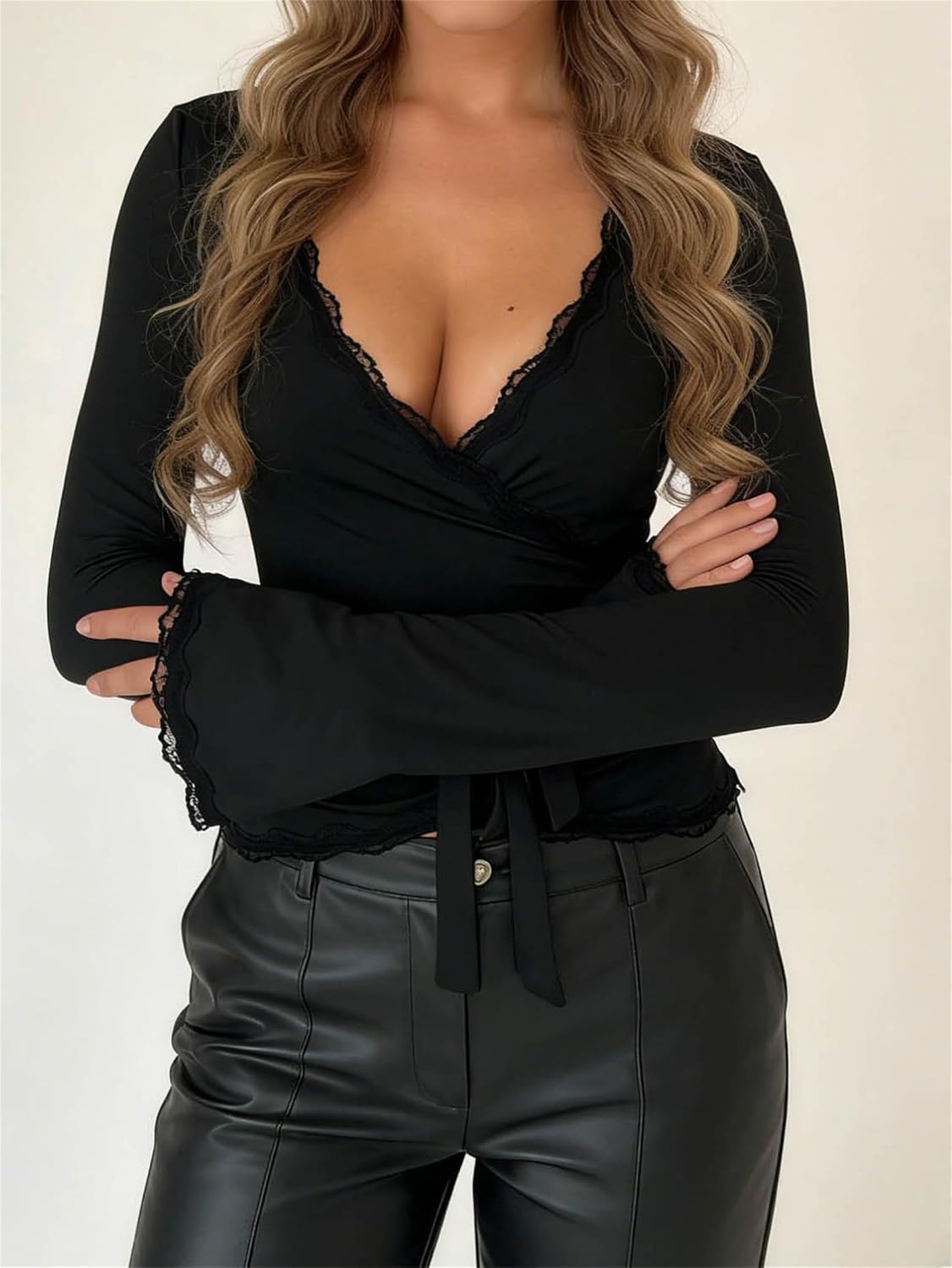 Women Ballet Wrap Top Y2K Cross Tie Knot Long Sleeve Deep V Neck Slim Yoga Crop Shirts Sexy Fairy Coquette Blouses - Image 2