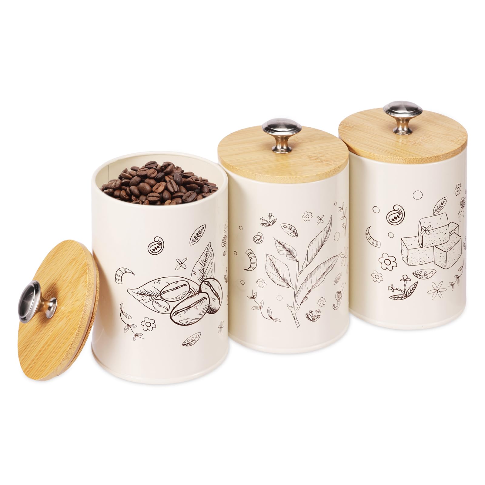 3Pcs Tea Coffee Sugar Canisters Set Vintage Style Kitchen Set 25oz Food Containers Pots Jars with Airtight Lid Kitchen Tea Coffee Sugar Container Tin for Counter Cooking(Off-white)