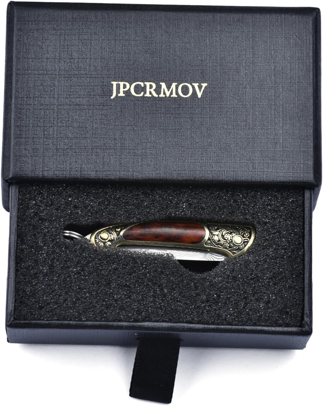 Mini Damascus Pocket Knife EDC, Compact Folding Knife, Tiny Box Cutter Snakewood Handle