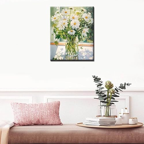 Vista 3 de Tucocoo White Daisy - Pintura por números para adultos, flores blancas con hojas verdes en jarrón, kits de pintura al óleo, lienzo con pintura Flor