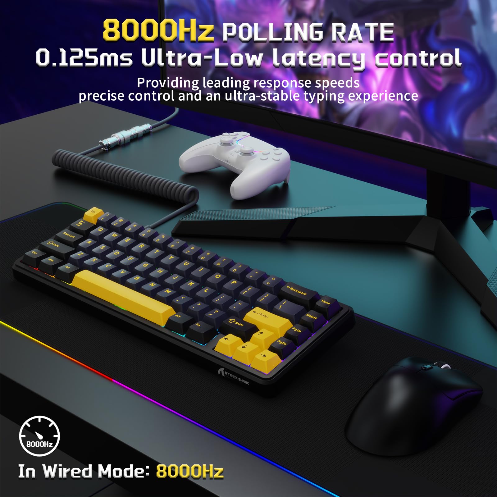 MAMBASNAKE x ATTACK SHARK Przewodowa Klawiatura i Mysz Do Gier, 59g Superlight PAW3311 Wireless Mice, Klawiatura Magnetyczna Mini 65% Rapid Trigger z Kablem Spiralnym 8Khz, QWERTY do PC -StarBlack