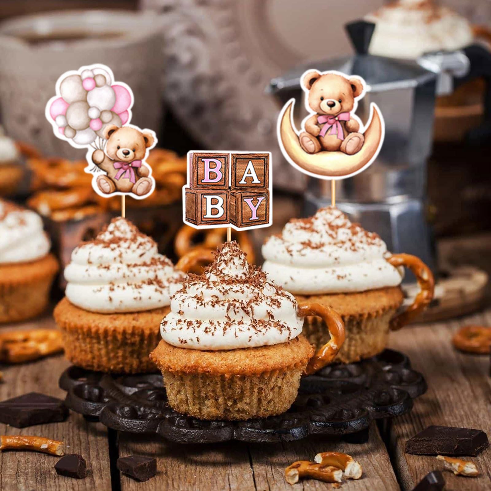 Decoración Para Cupcakes De Osito Baby Shower - 32 Piezas, Motivo Jungla, No Comestible