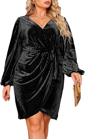 BerryGo Womens Plus Size Long Sleeve Wrap Semi Formal Velvet Mini Dress Sexy Cocktail Party Winter Club Dress