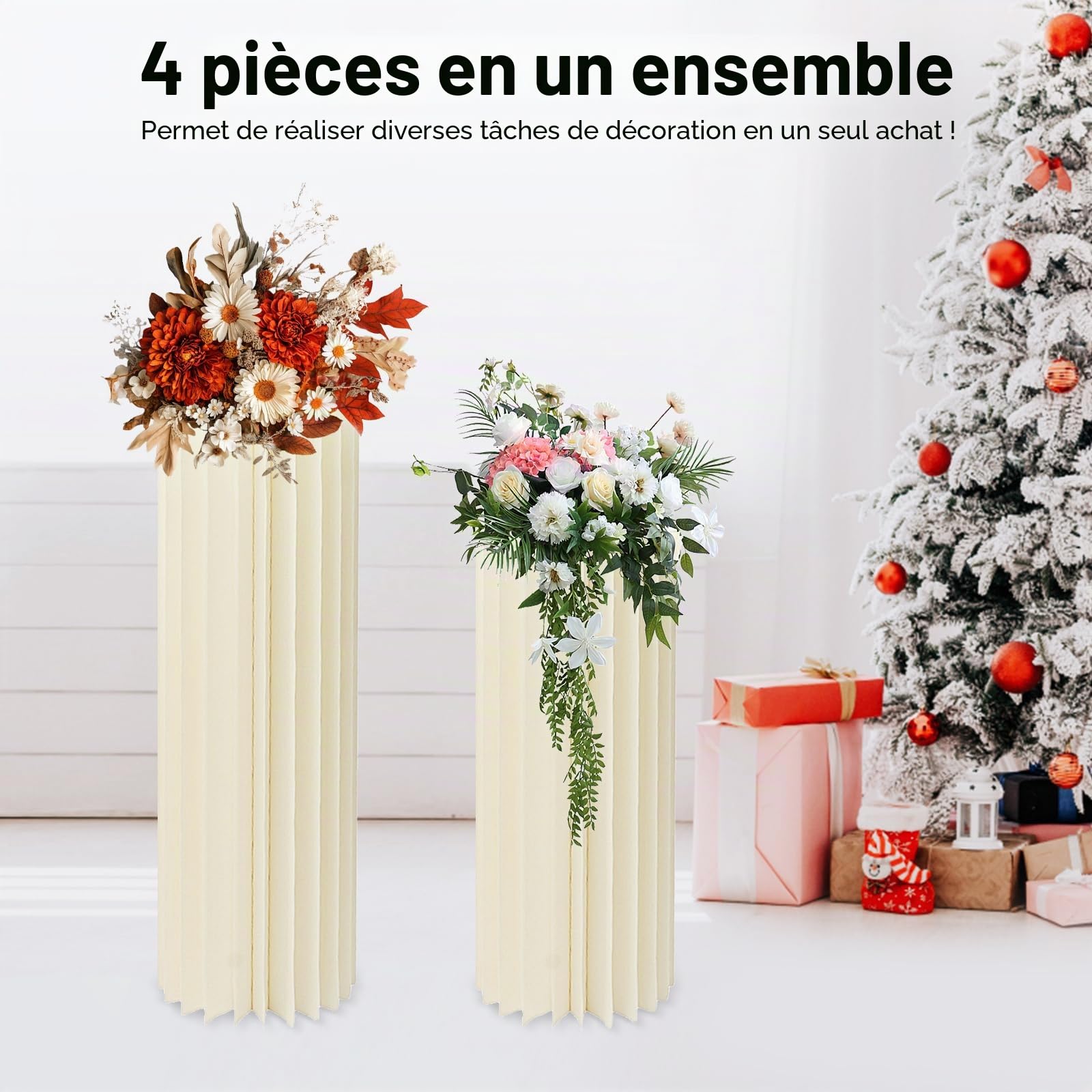 Ensemble de 4 colonnes décoratives avec plaque acrylique - Support pliable en papier pour gâteaux et buffet - Colonnes de présentation pour mariage, fête et table à dessert - 40/60/80/100