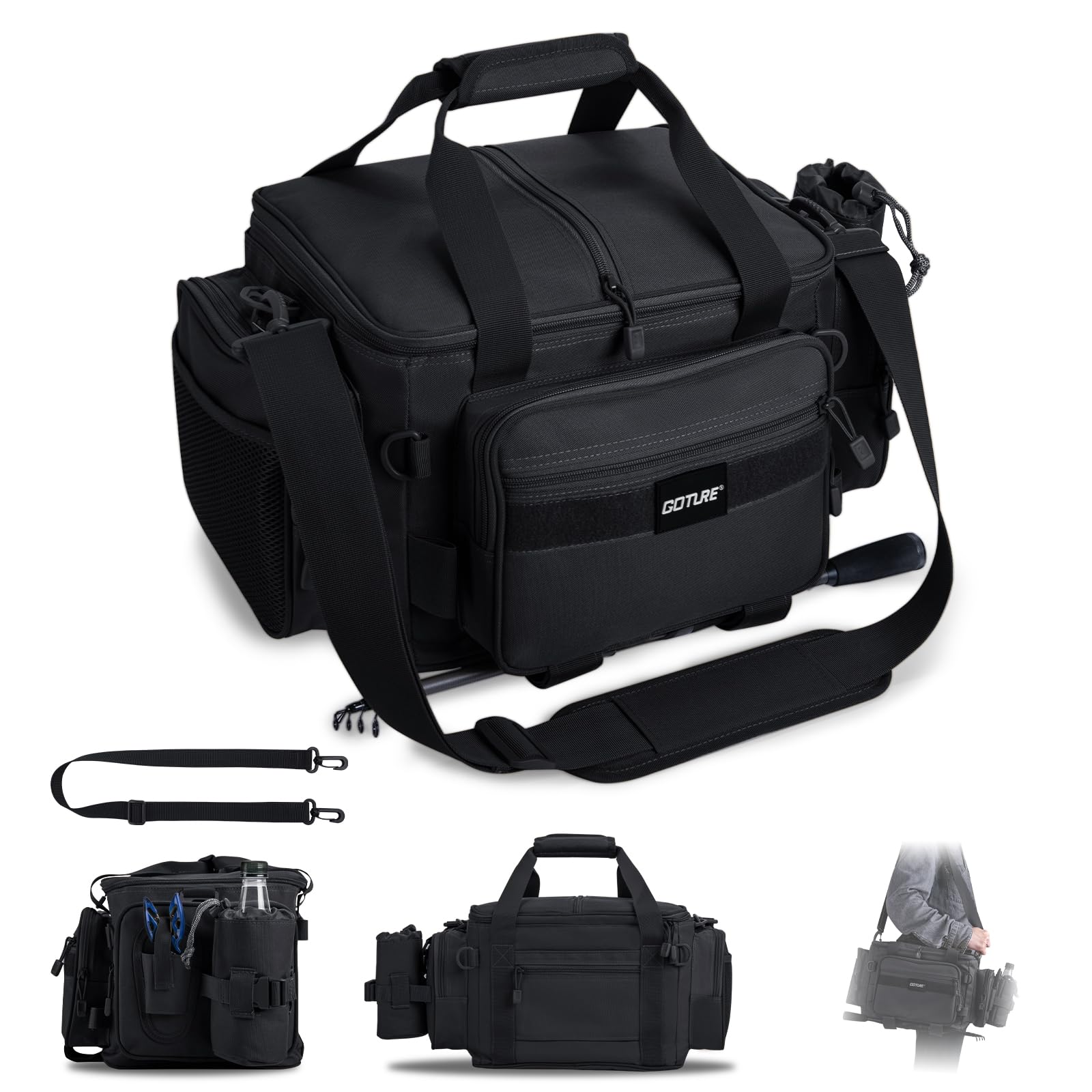 Goture Fishing Tackle Bag,Store Up to 4PCS 3700 Tackle Boxes(Not Included),600D Soft Side Water-Resistant Saltwater Gear Storage Fishing Bag with Rod