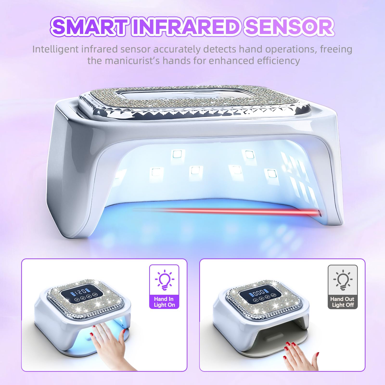 Lámpara LED UV de 80 W, secador de uñas de gel profesional con diamantes de imitación, 4 temporizadores, sensor automático, 36 cuentas LED, luz UV de curado rápido para todos los esmaltes de gel